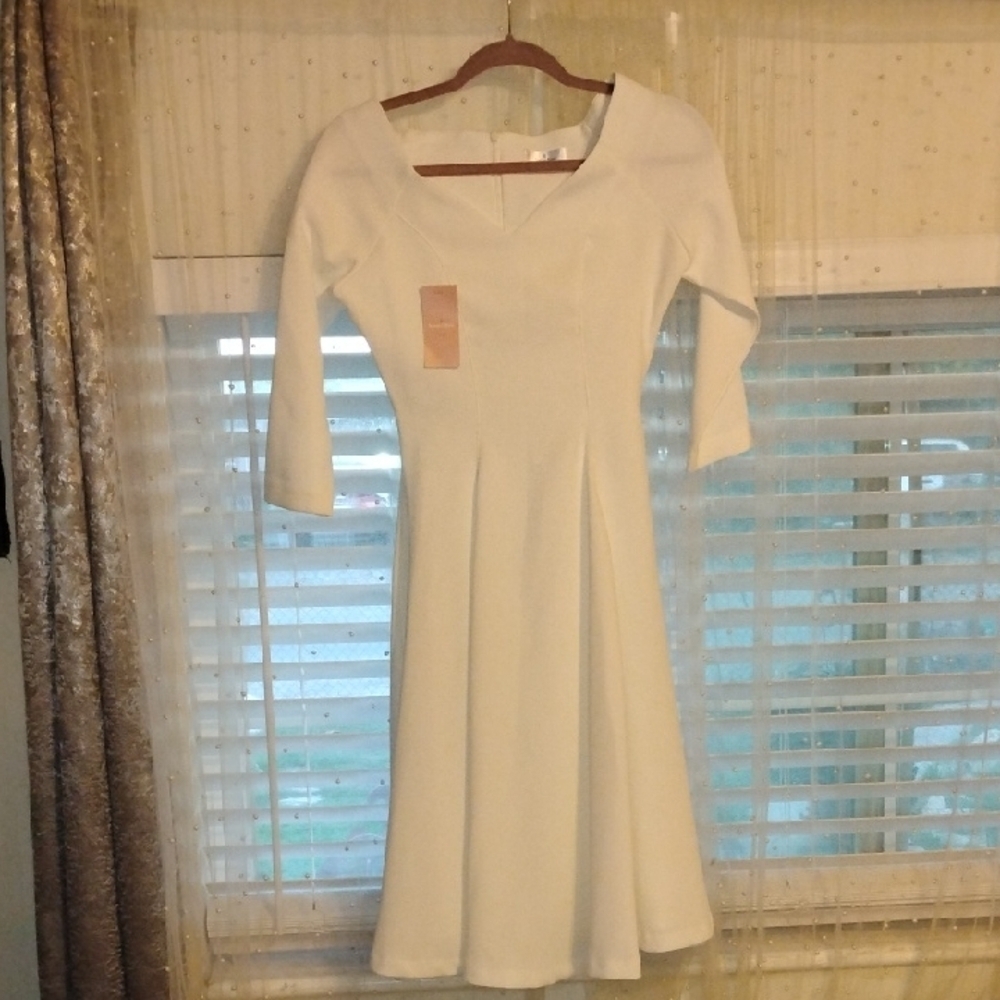 Anna N. Rose Wedding Day Elegant White Lined Midi 3/4 Sleeve Dress, Size: S, NWT